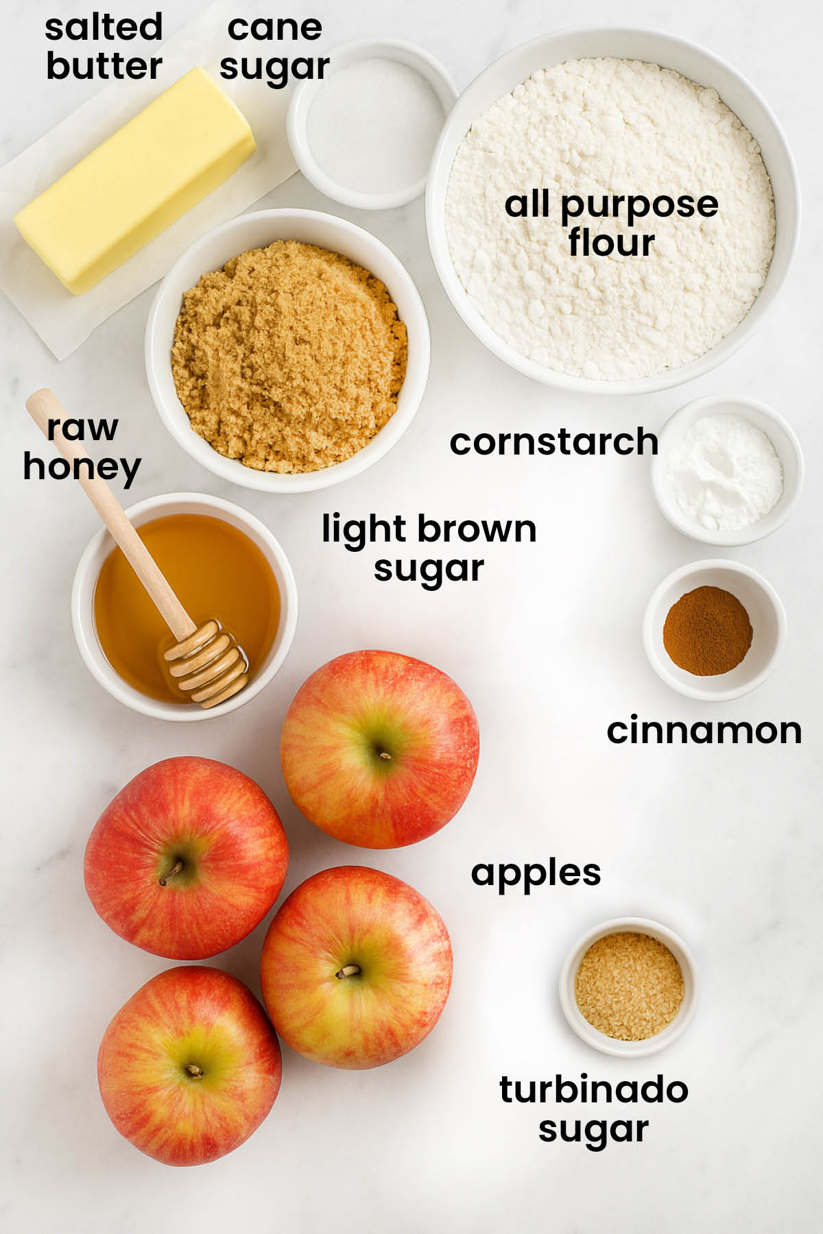 individual ingredients for brown sugar honey apple pie laid out against a white background.
