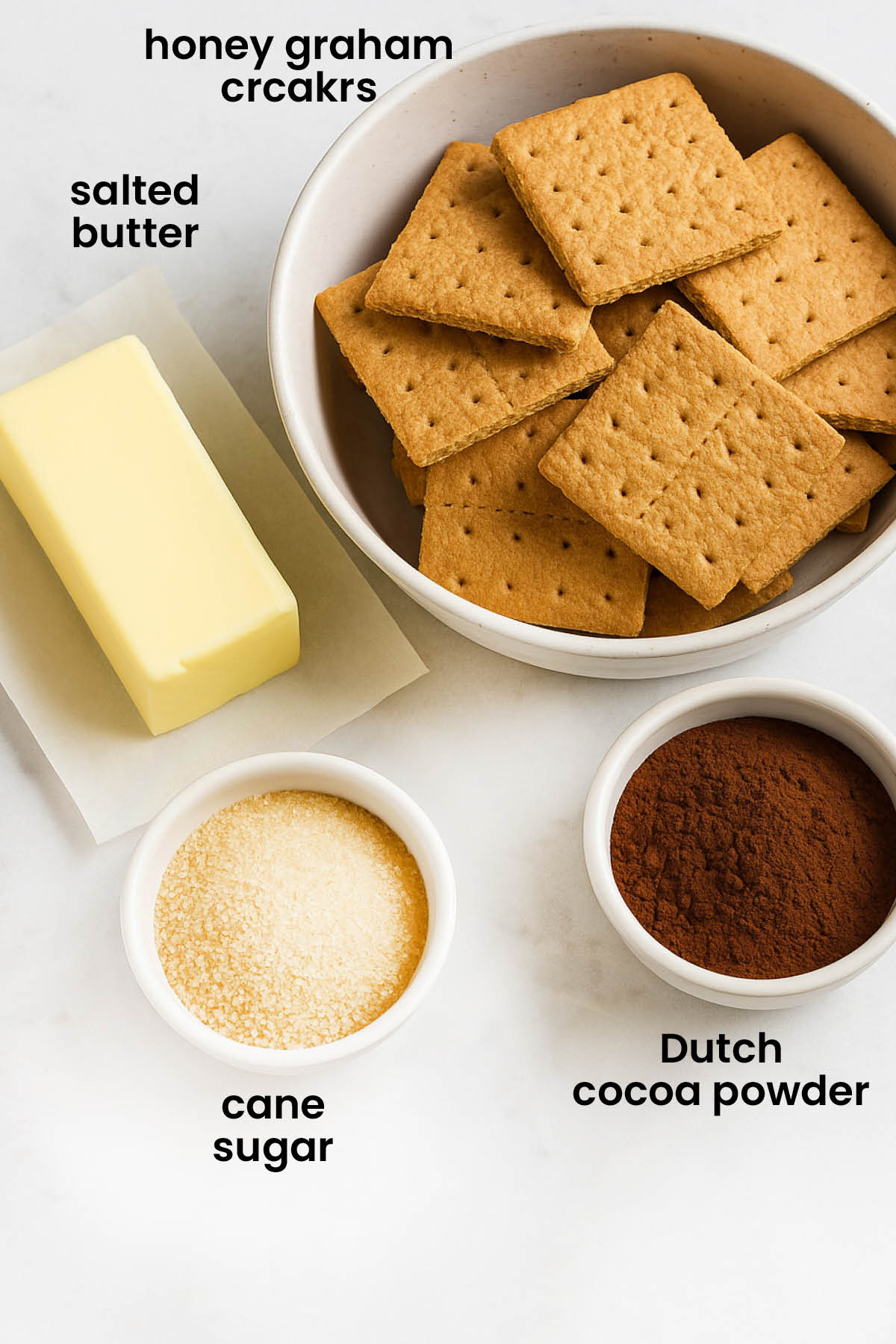 individual ingredients for chocolate graham cracker crust laid out against a white background.