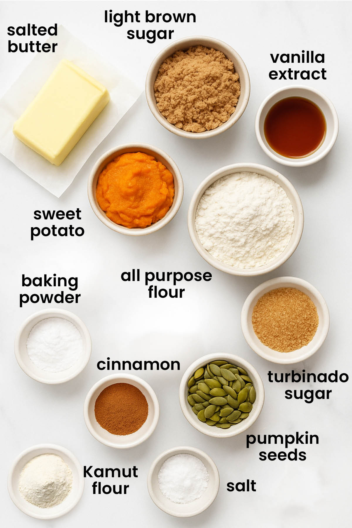individual ingredients for cinnamon sweet potato bread without eggs laid out against a white background.