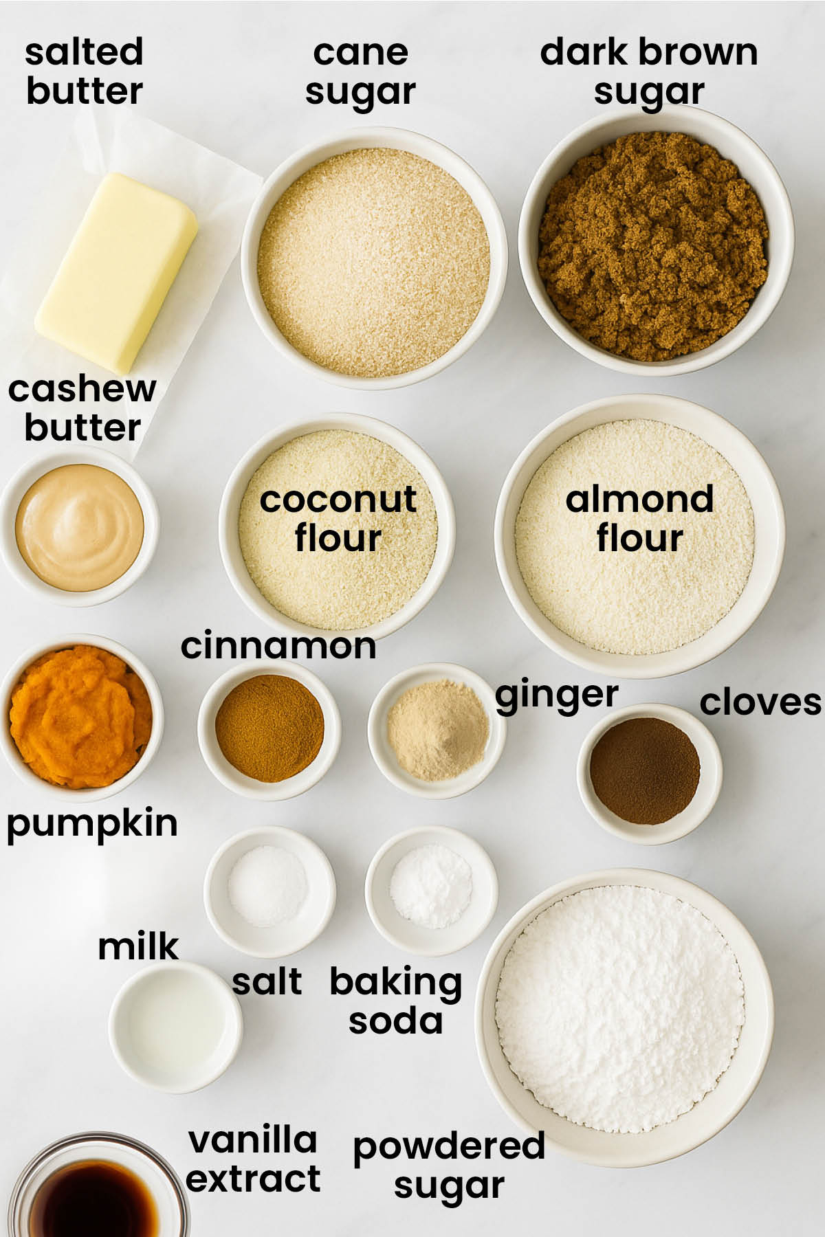 individual ingredients for gluten free frosted gingerbread cookies laid out against a white background.
