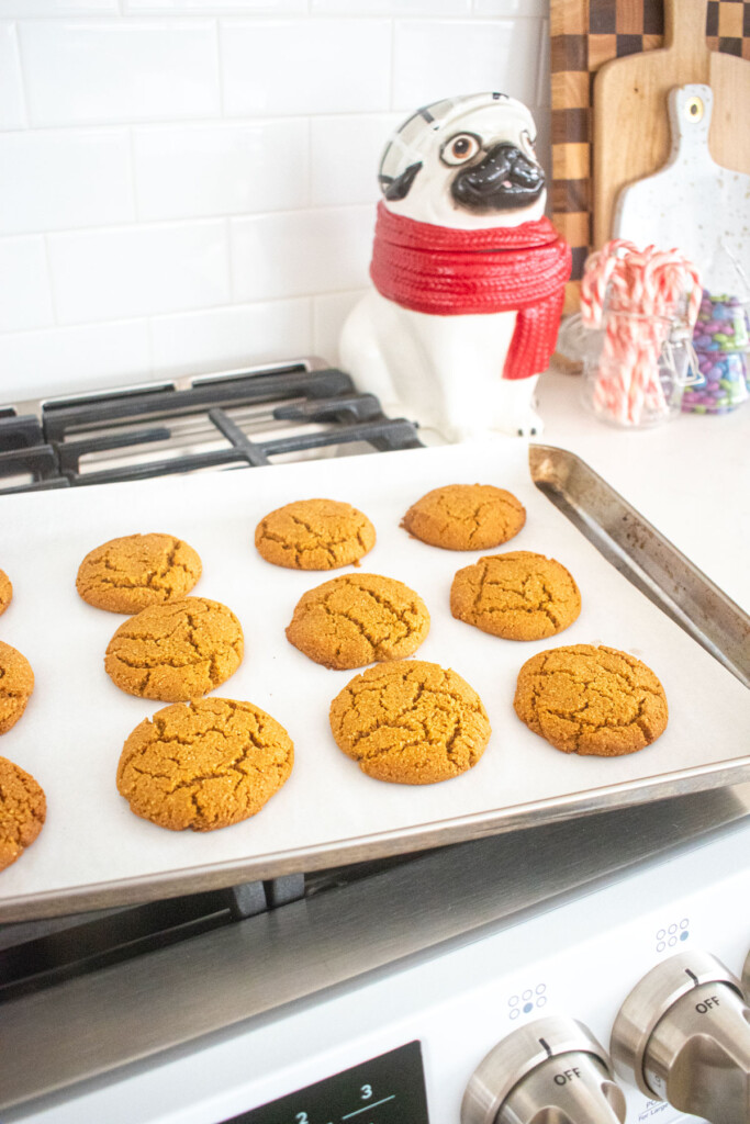 baked gluten free gingerbread cookies on a baking sheet cooling on top of an oven.