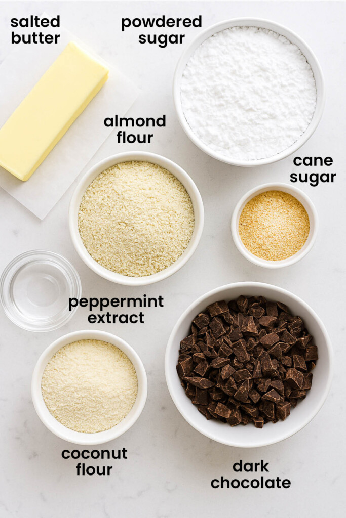 individual ingredients for gluten free chocolate peppermint shortbread cookies laid out against a white background.