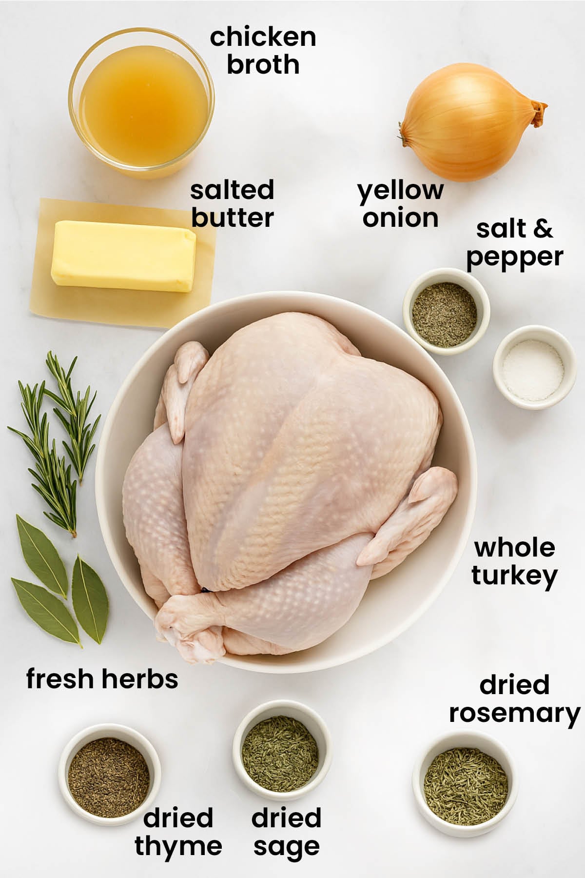 individual ingredients for roasted herb butter turkey laid out against a white background.