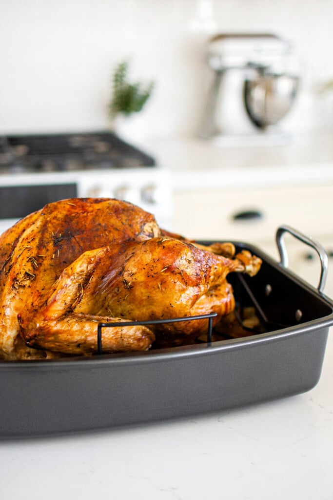 cooked golden brown roasted herb butter turkey in a roasting pan on the kitchen countertop.