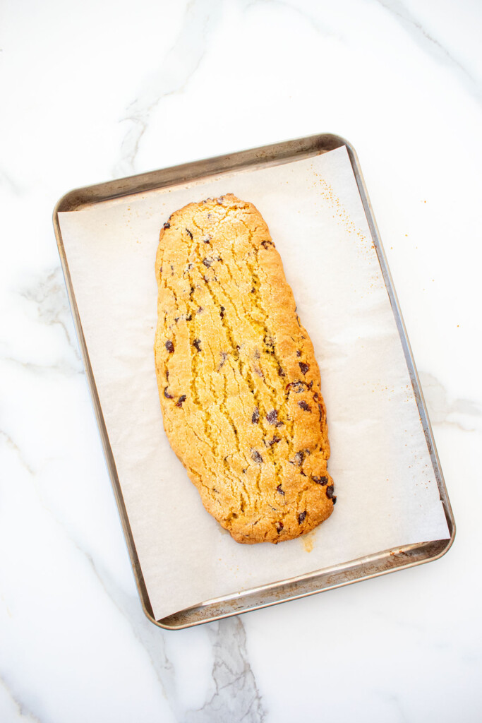 cranberry orange biscott with sourdough discard log on a baking sheet on a marble counter.