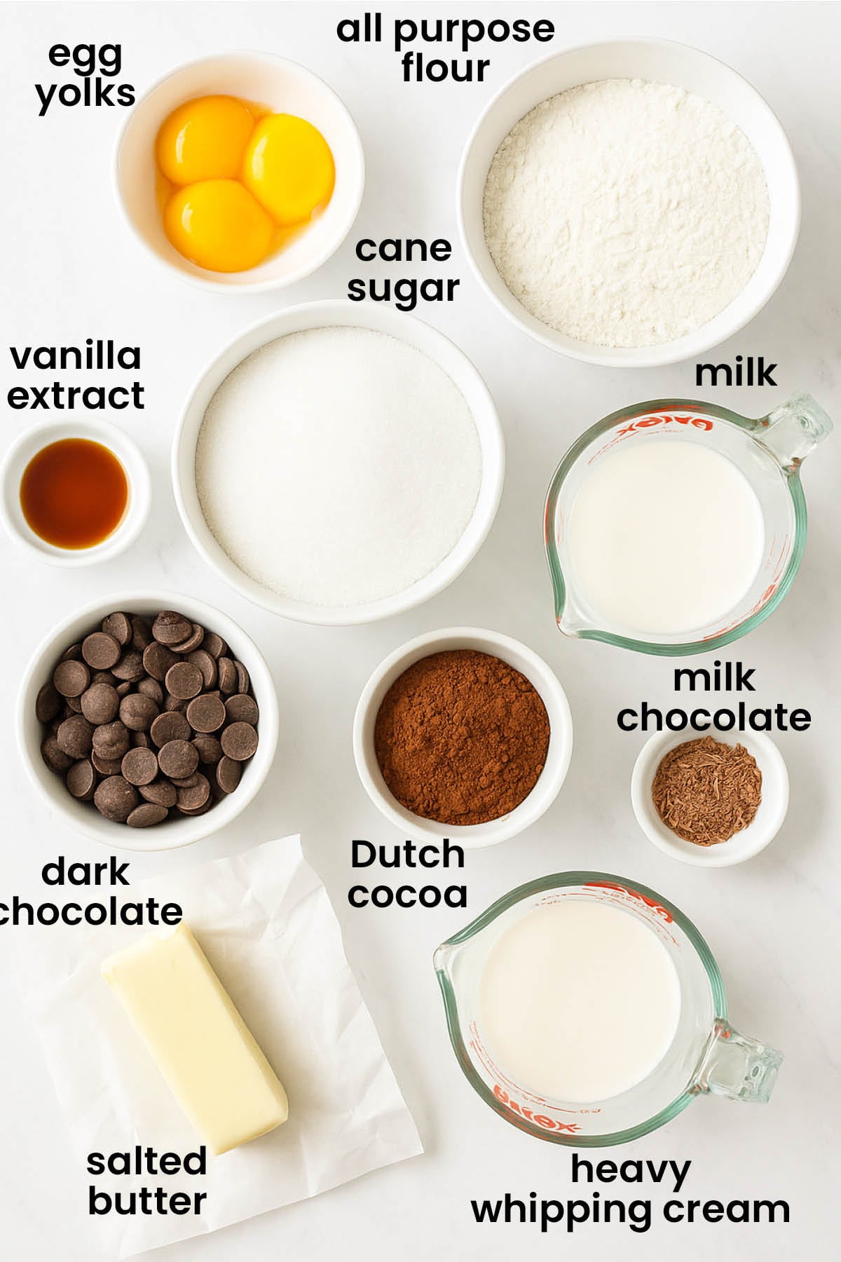 individual ingredients for dark chocolate sweet cream pie laid out against a white background.