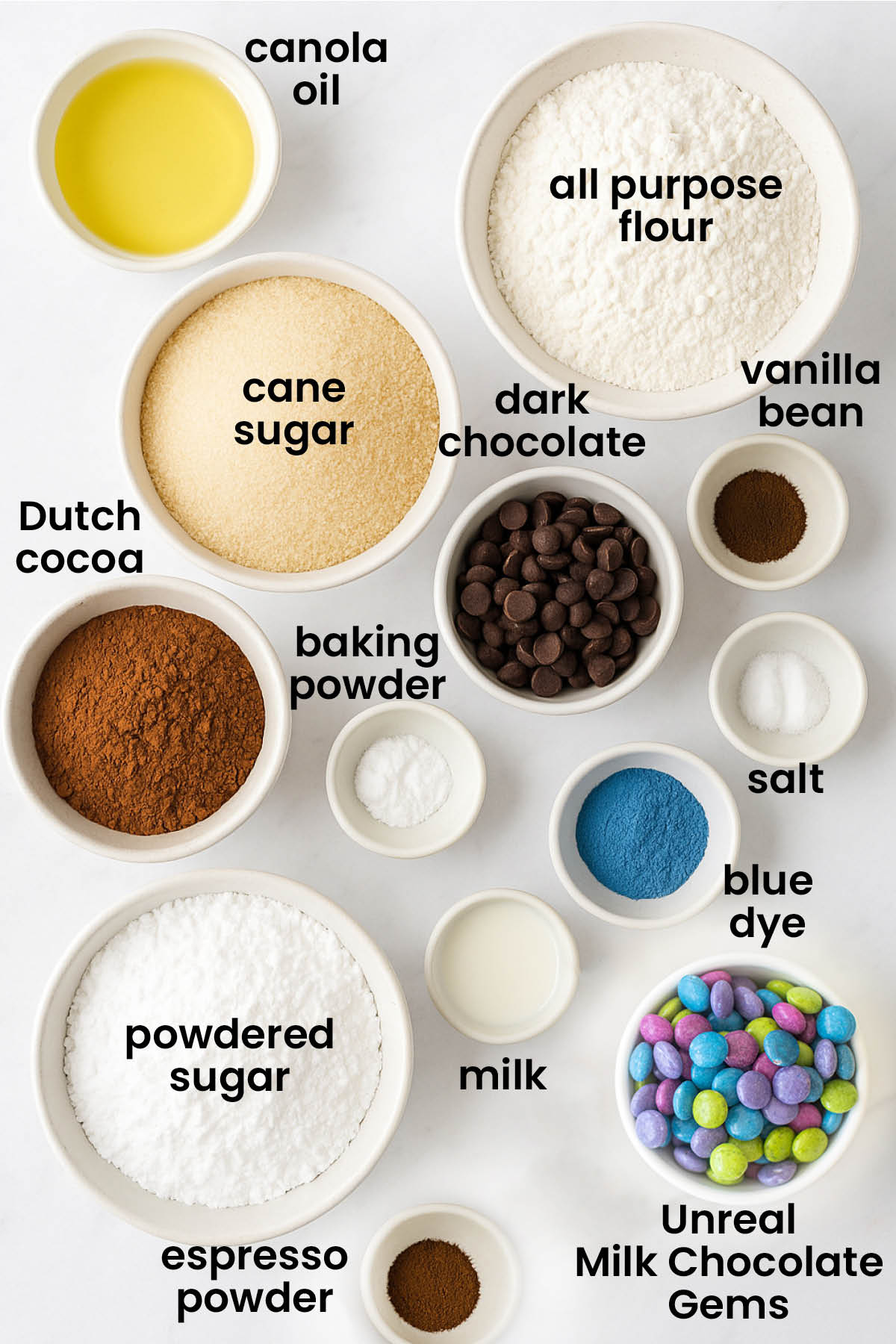individual ingredients for easy christmas present brownies laid out against a white background.