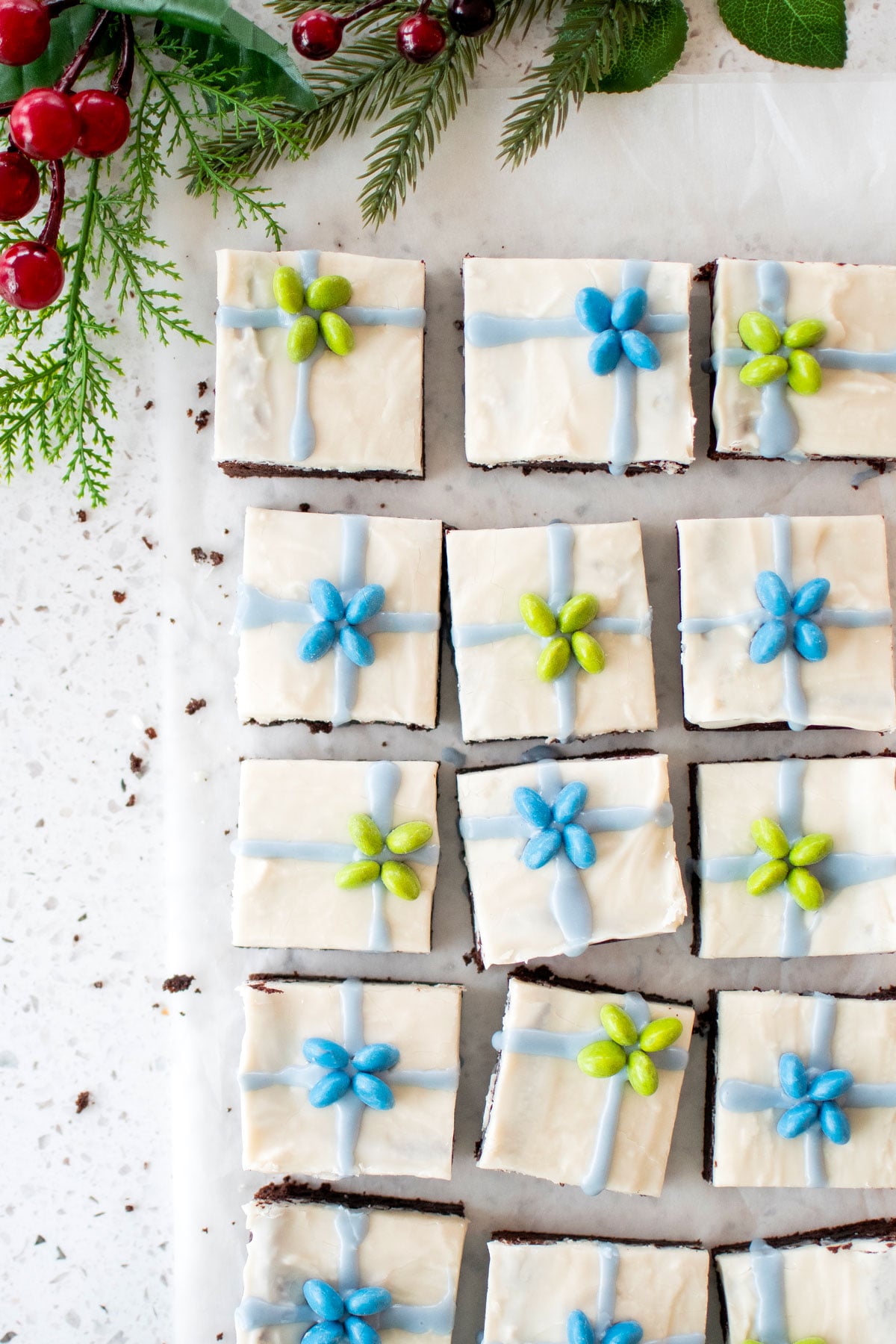 christmas present brownies on a white counter.
