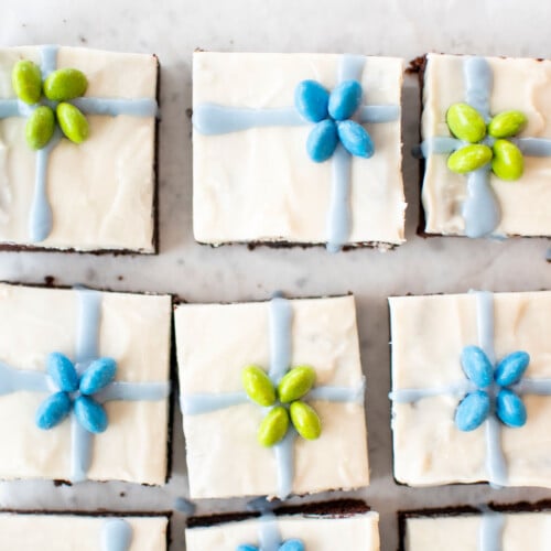 christmas present brownies on a white counter.