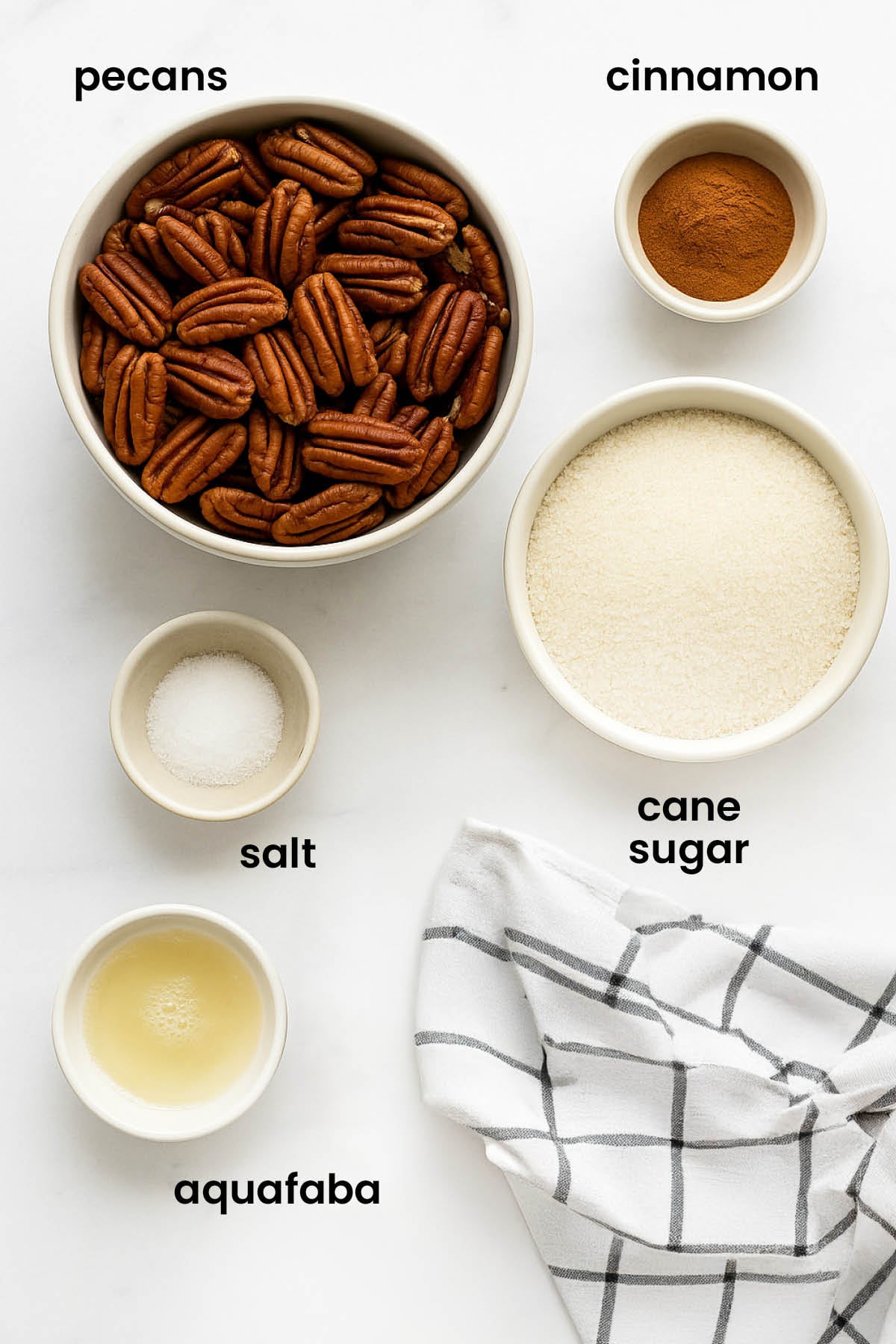 individual ingredients for homemade candied pecans without eggs laid out against a white background.