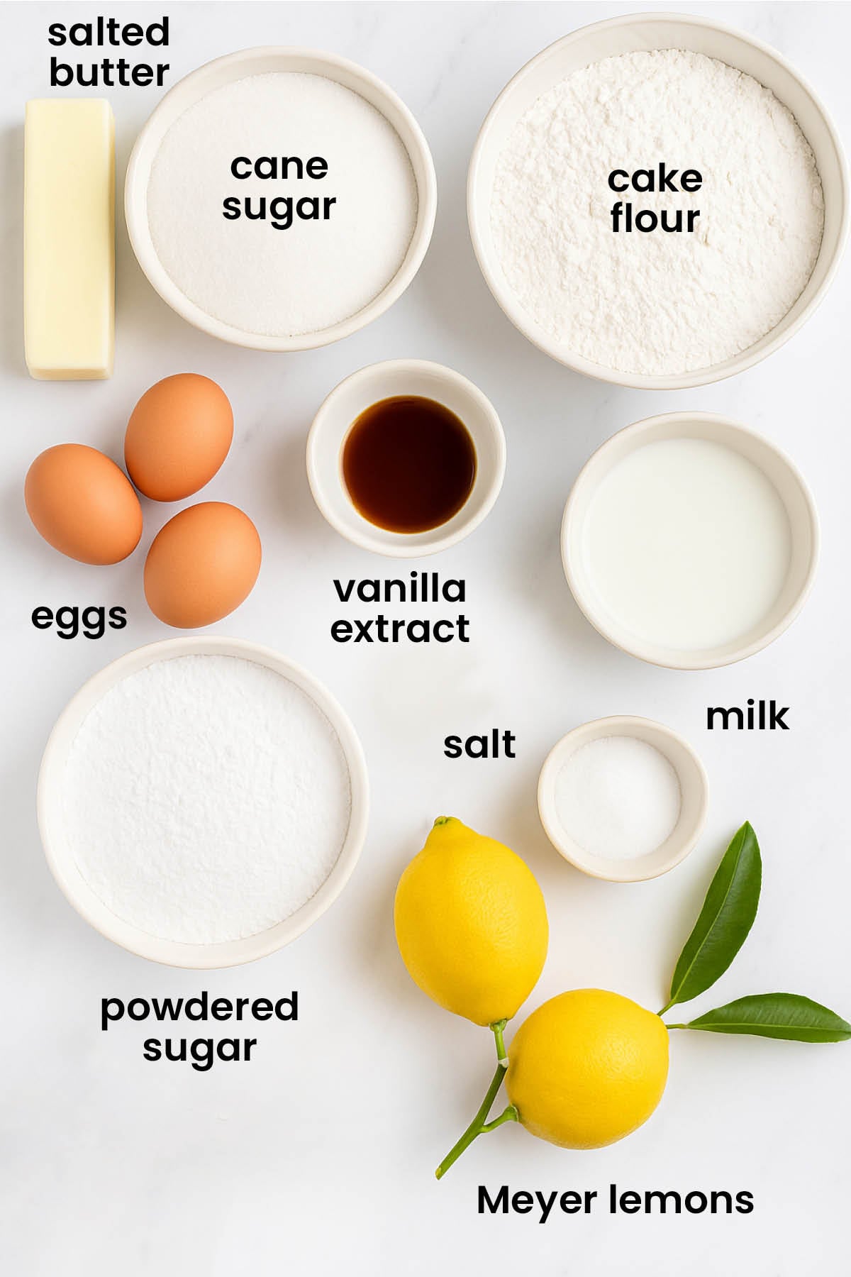 individual ingredients for meyer lemon pound cake laid out against a white background.