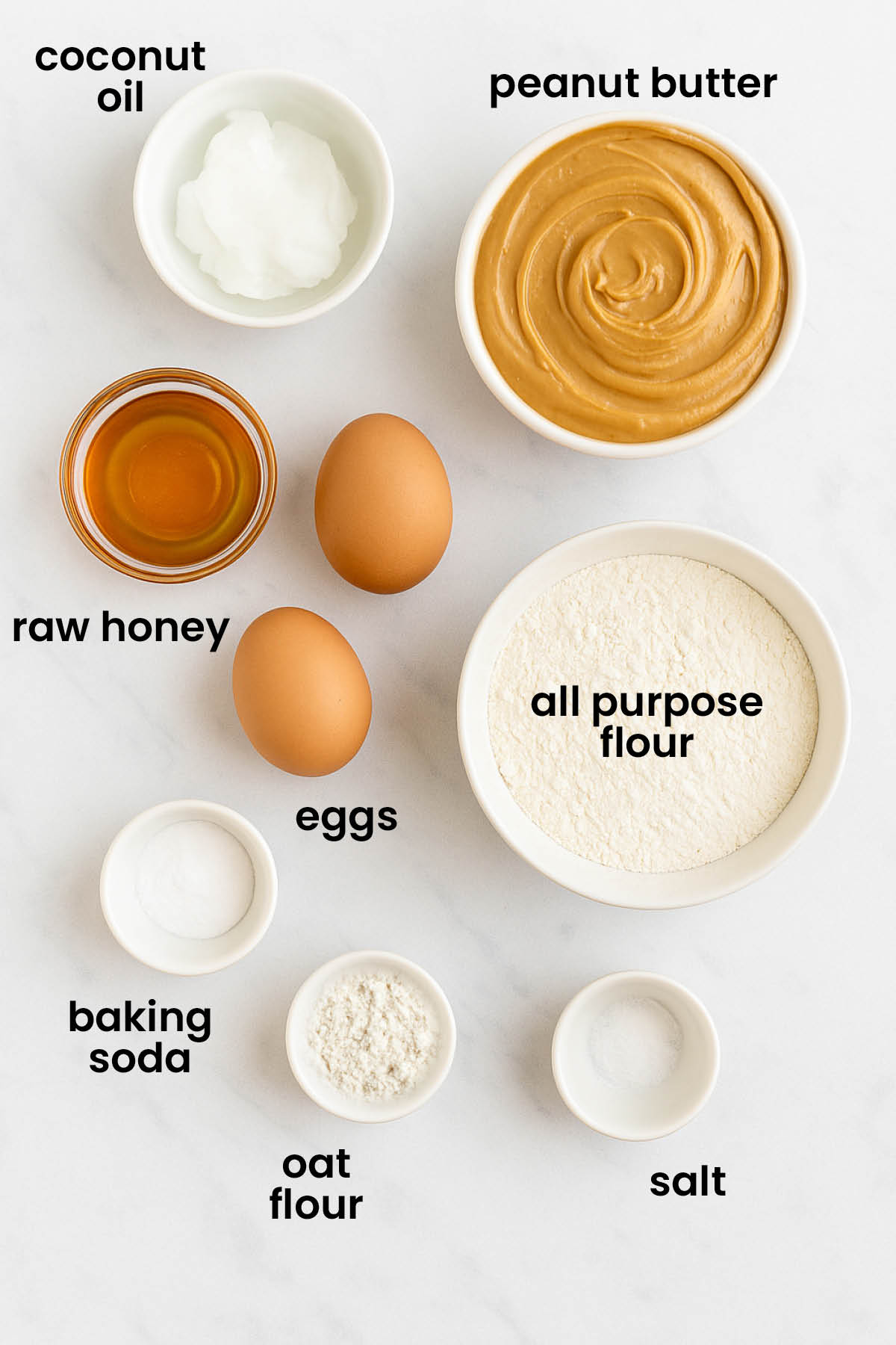 individual ingredients for peanut butter biscotti for dogs laid out against a white background.