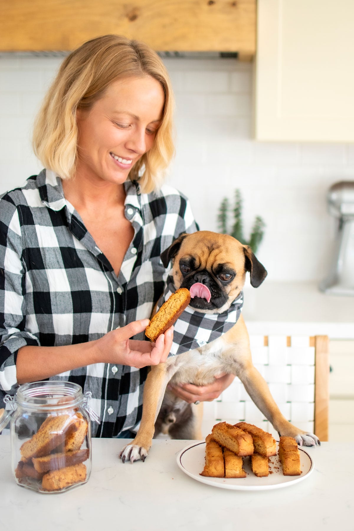 woman and pug in matching black and white plaid shirts eating peanut butter biscotti for dogs at the kitchen counter.