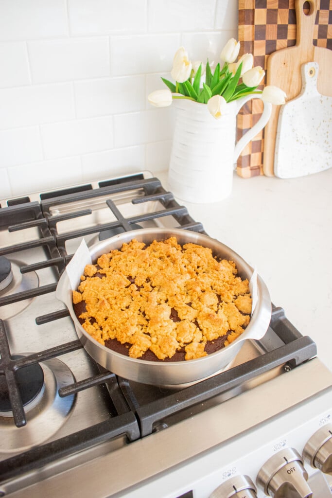 peppermint mocha coffee cake cooling on a top of a stovetop.