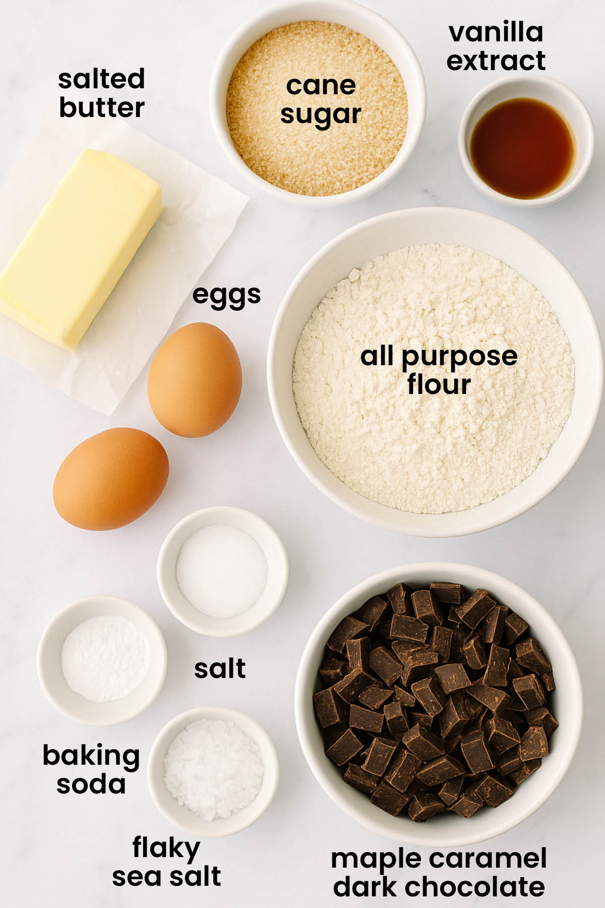 individual ingredients for brown butter caramel dark chocolate cookies laid out on a white marble kitchen counter.