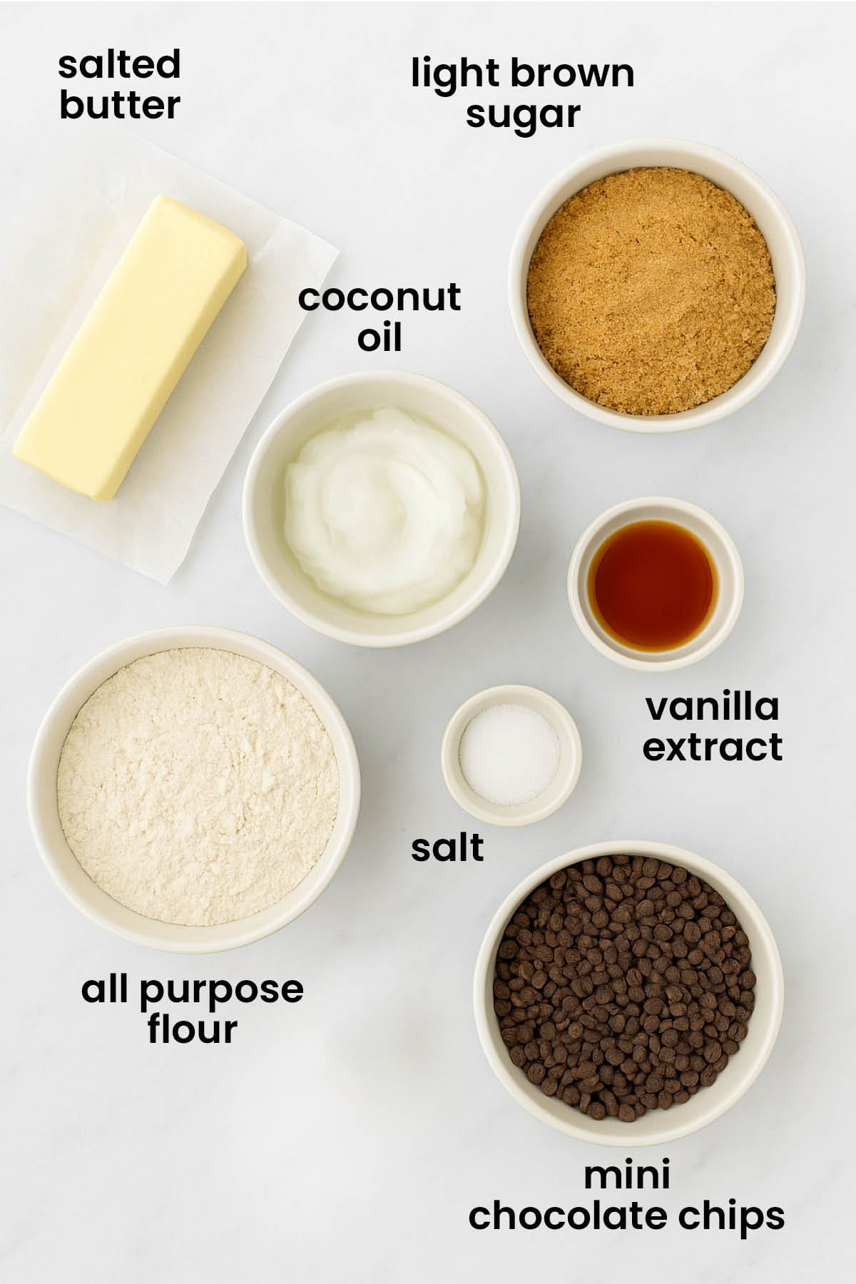 individual ingredients for brown sugar mini chocolate chip cookies laid out against a white background.