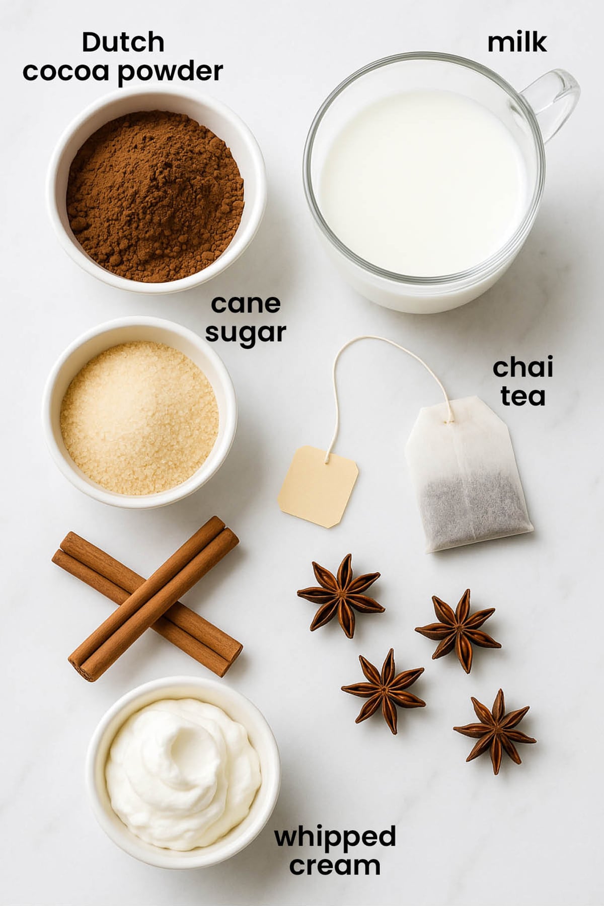 individual ingredients for chai tea hot chocolate laid out against a white background.