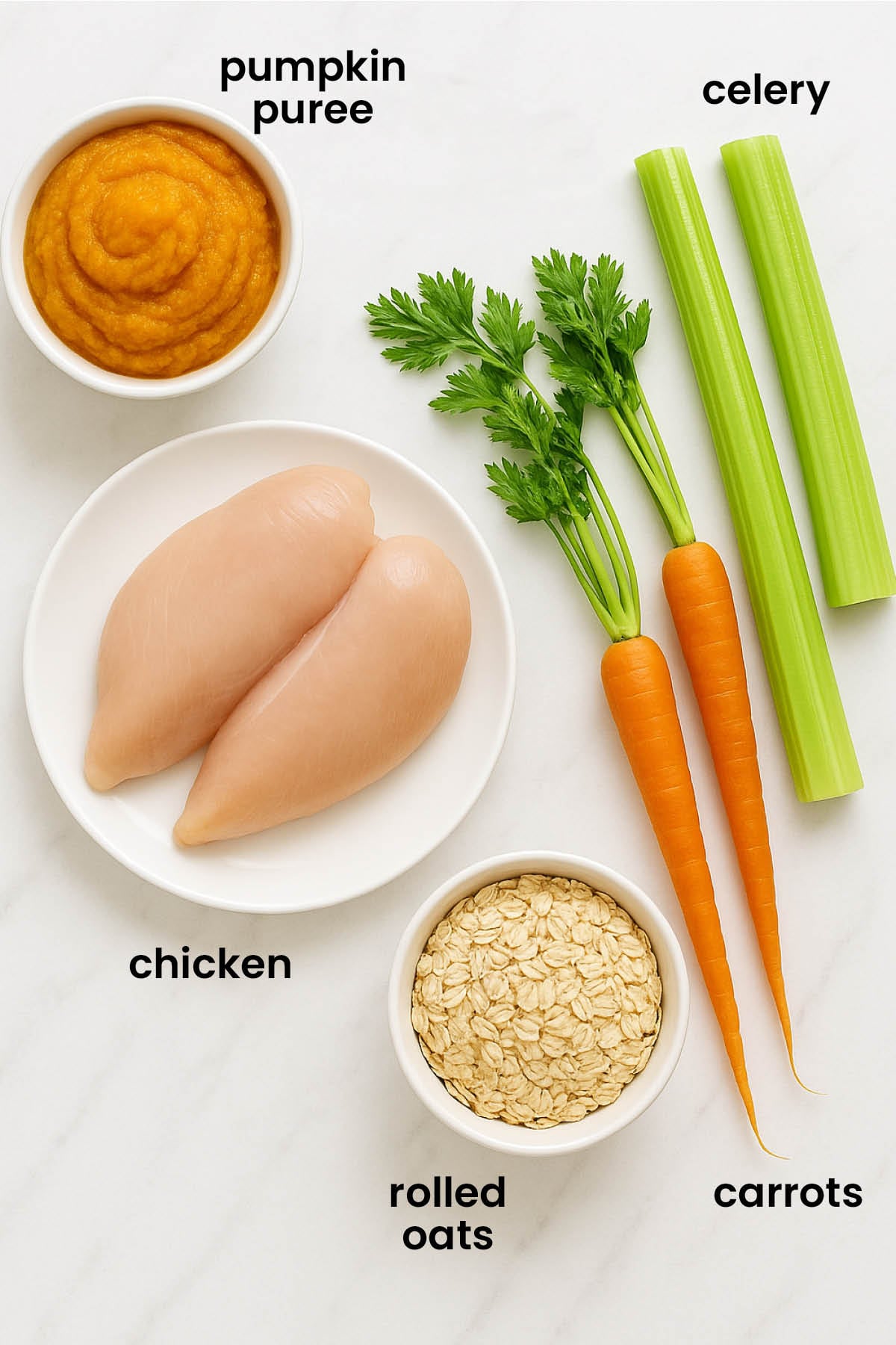 individual ingredients for chicken and pumpkin dinner for dogs laid out against a white background.