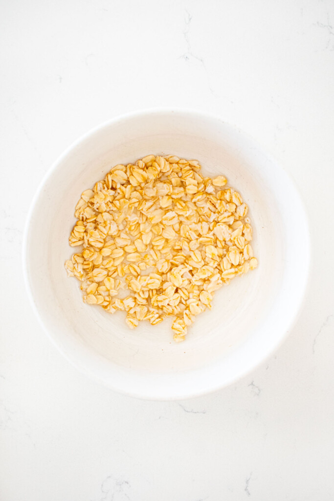cooked rolled oats in a dog bowl on a white marble counter.