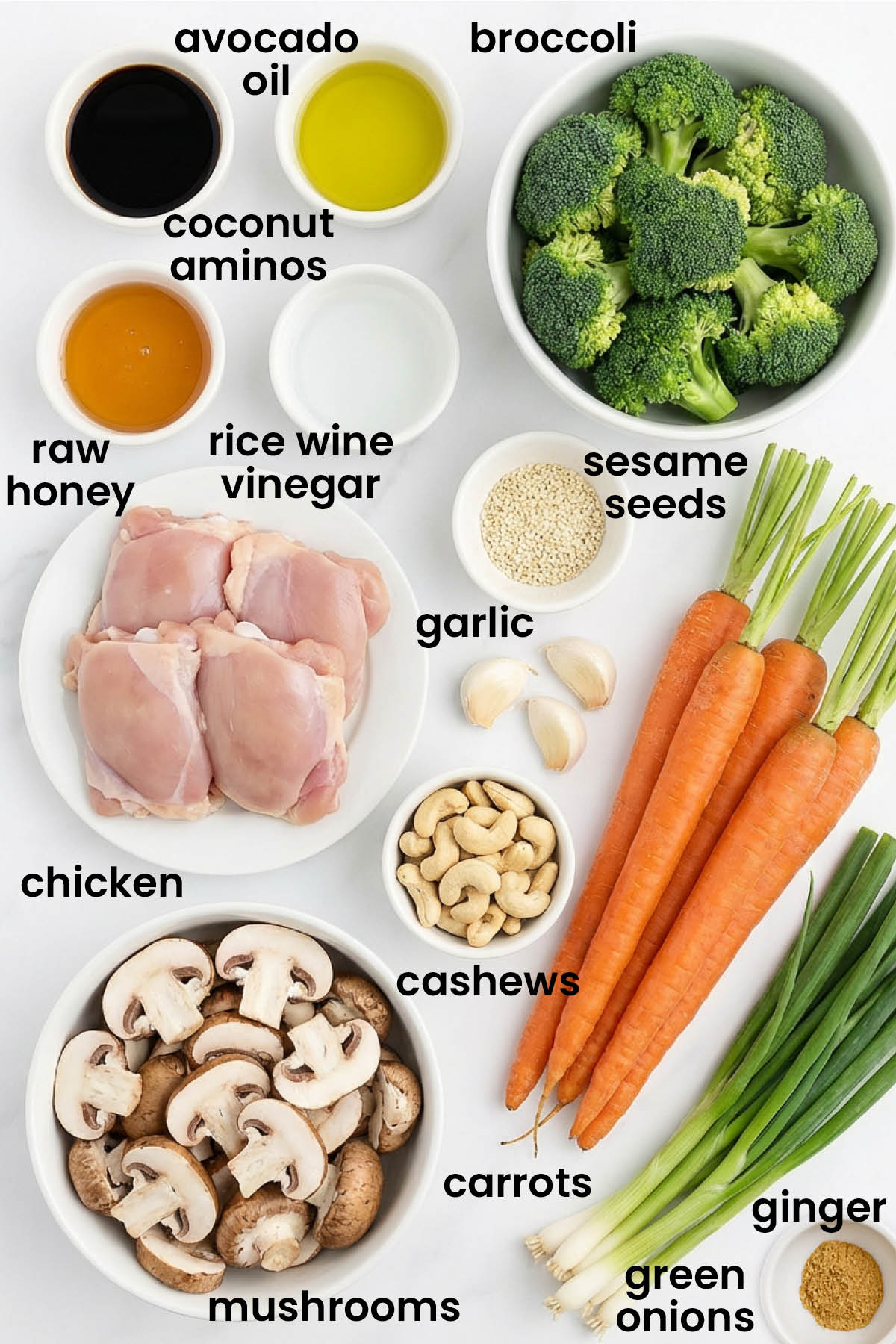 individual ingredients for honey garlic chicken sheet pan dinner laid out against a white background.