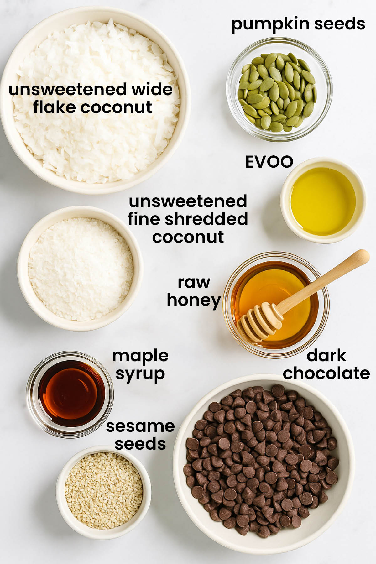 individual ingredients for honey sesame dark chocolate bark laid out against a white background.