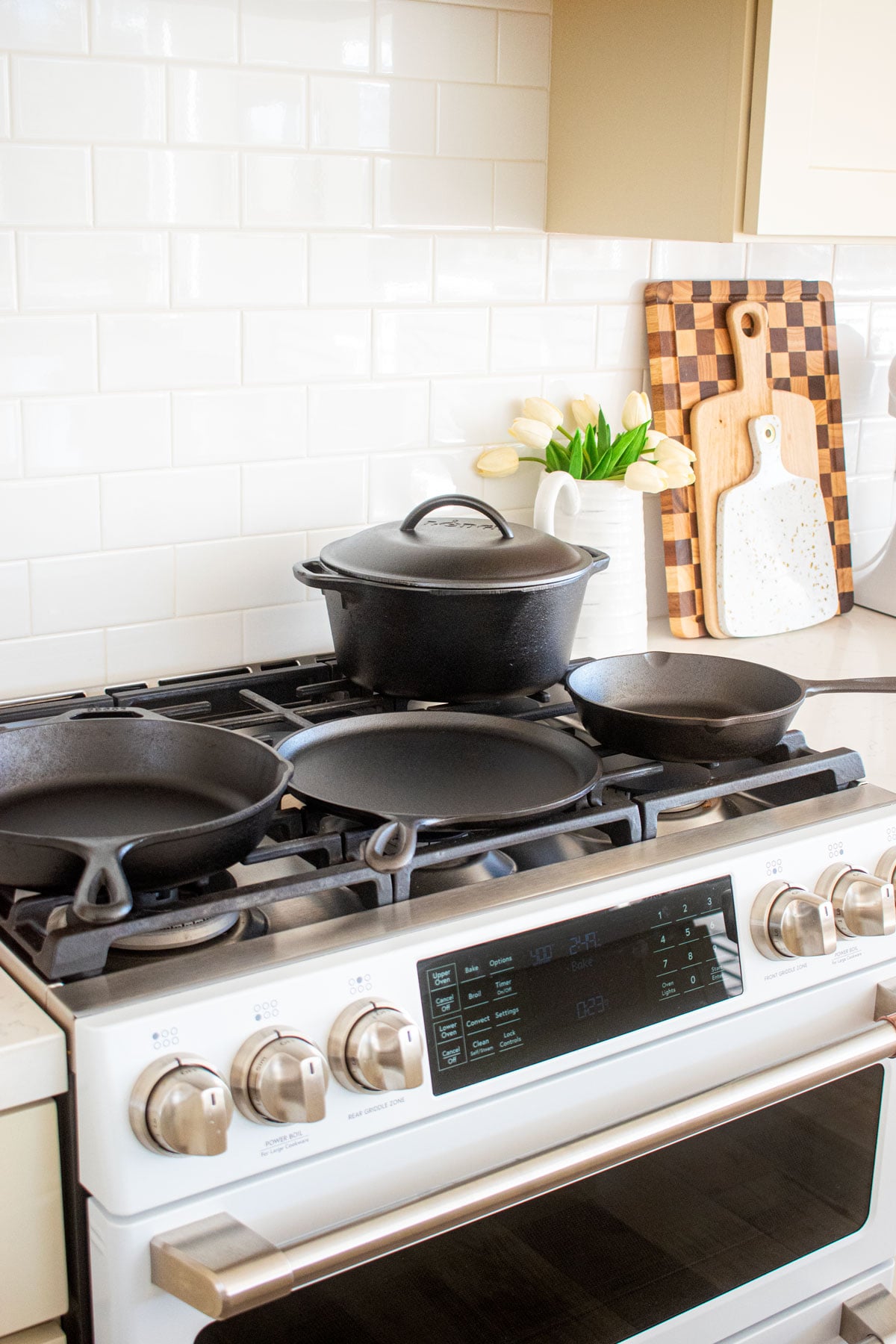 lodge cast iron pan set on top of a stovetop.