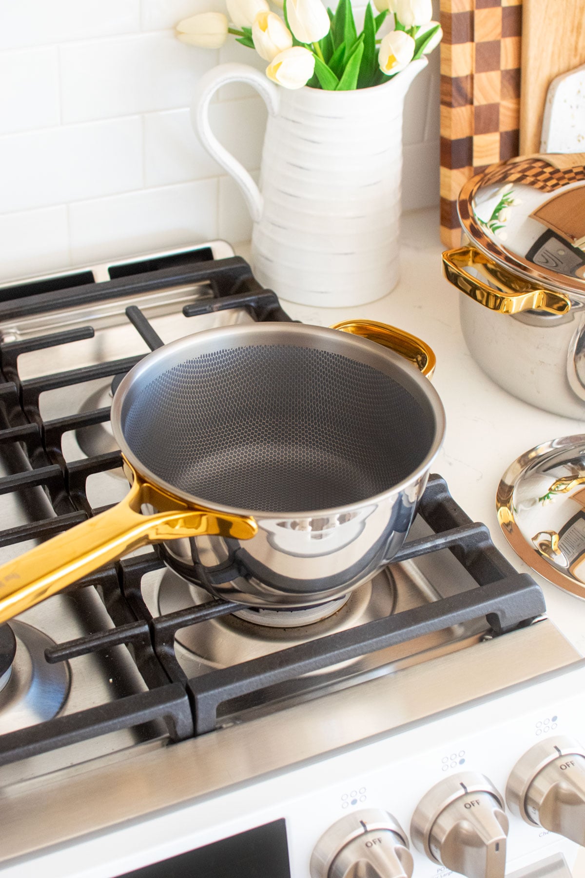 our place titanium pan sitting on the stovetop.