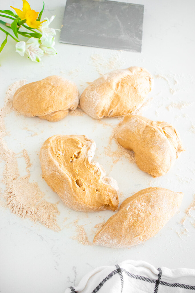 sourdough discard whole wheat sandwich bread dough divided into 5 equal portions on a white marble counter.