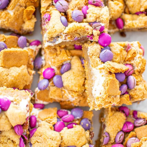 valentine's day smore bars cut into square bars on a white marble counter.