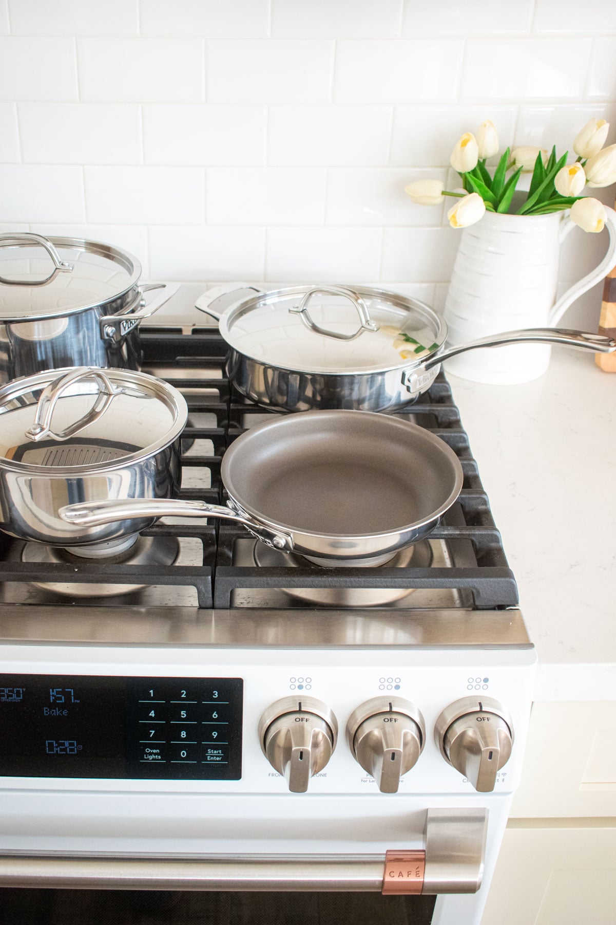 stainless steel viking pan set on a stove in the kitchen.