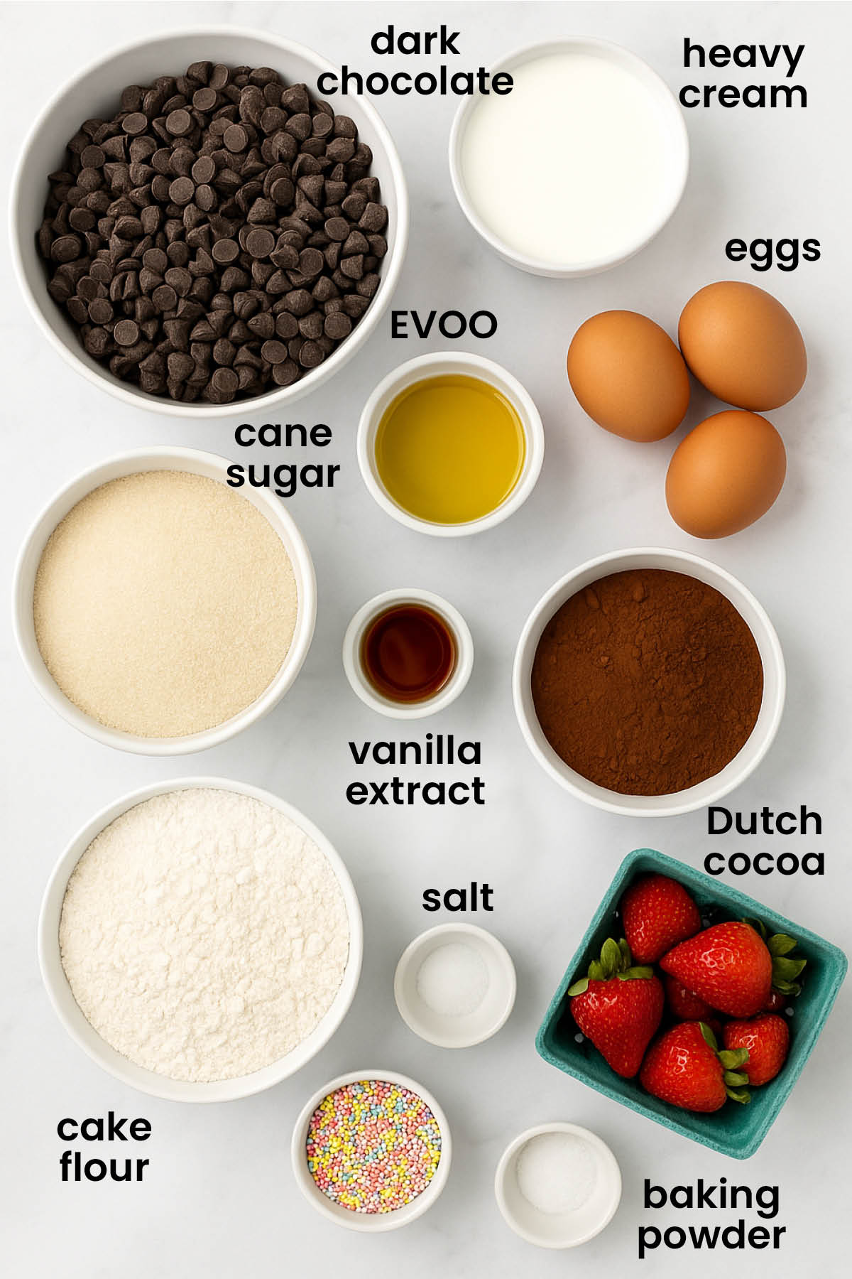 individual ingredients for chocolate cupcakes without a mixer laid out against a white background.