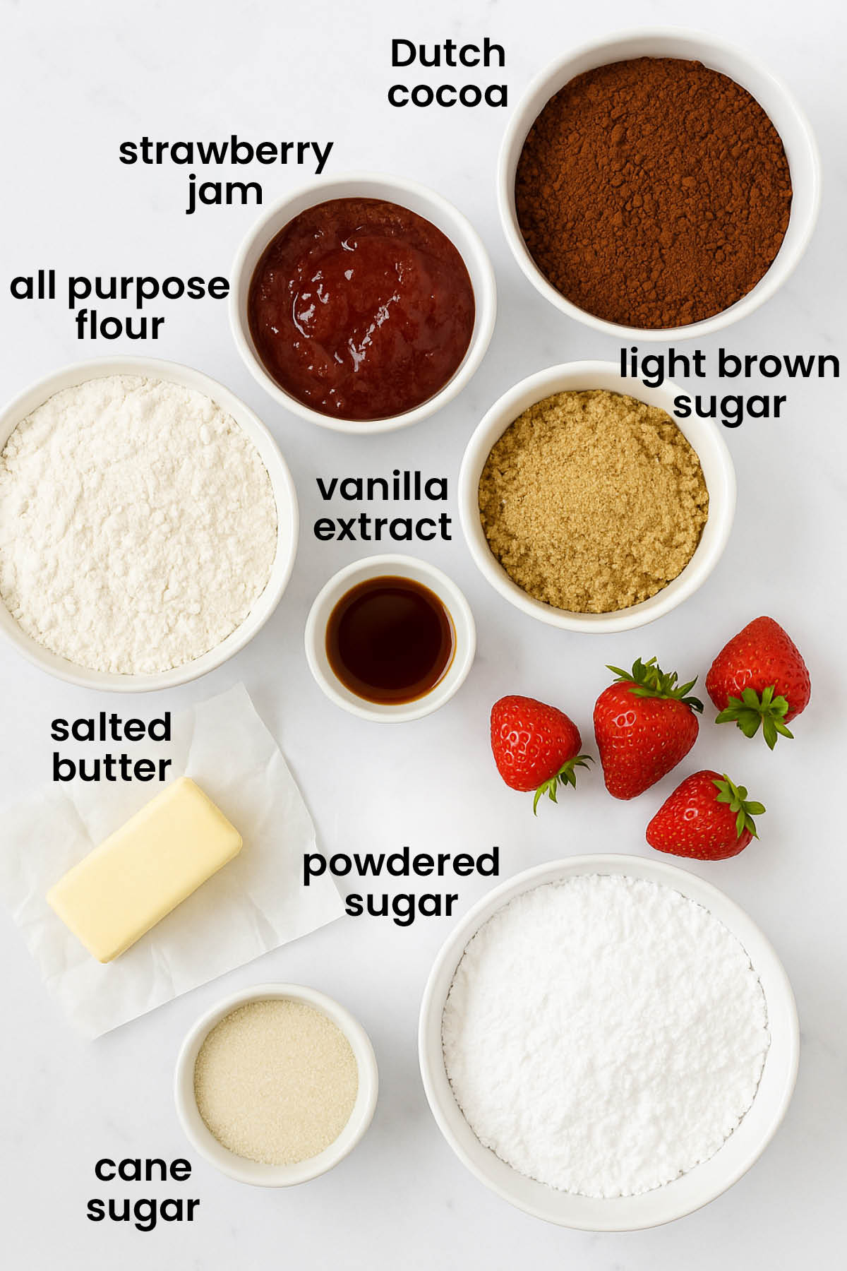 individual ingredients for chocolate strawberry crumb bars laid out against a white background.