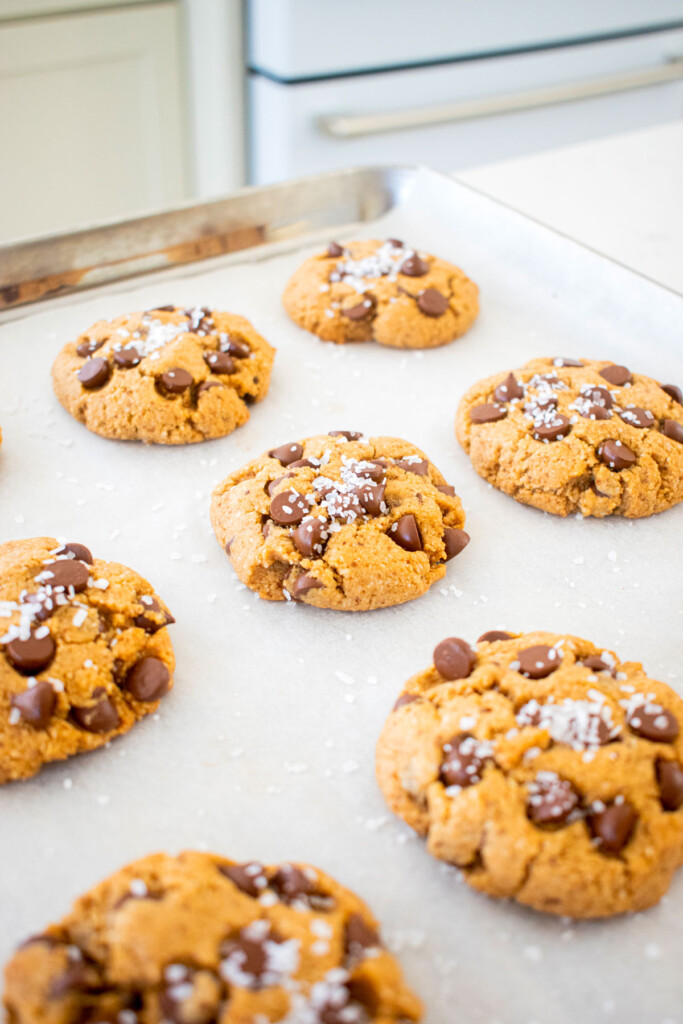 healthy chocolate chip cookies with coconut sugar on a baking sheet.