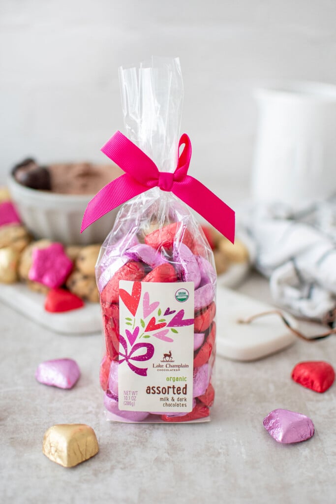 lake champlain chocolate hearts in a bag on a table.
