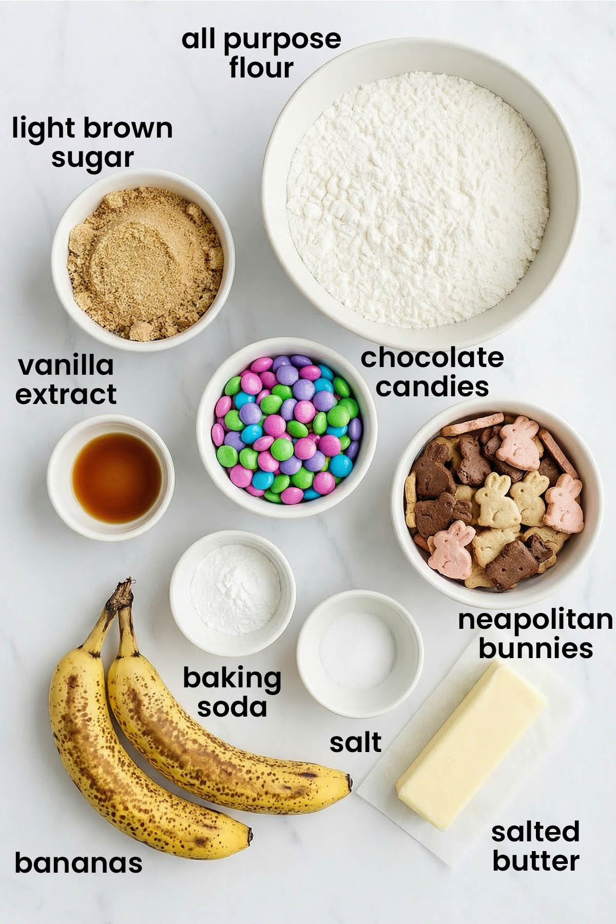 individual ingredients for easter banana blondies laid out against a white background.