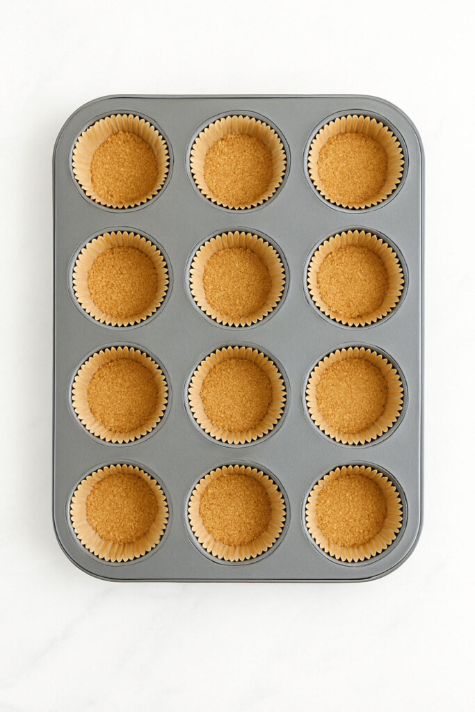 muffin tin with liners and filled one quarter full with peanut butter dog cookie crumb mixture on a white marble countertop.