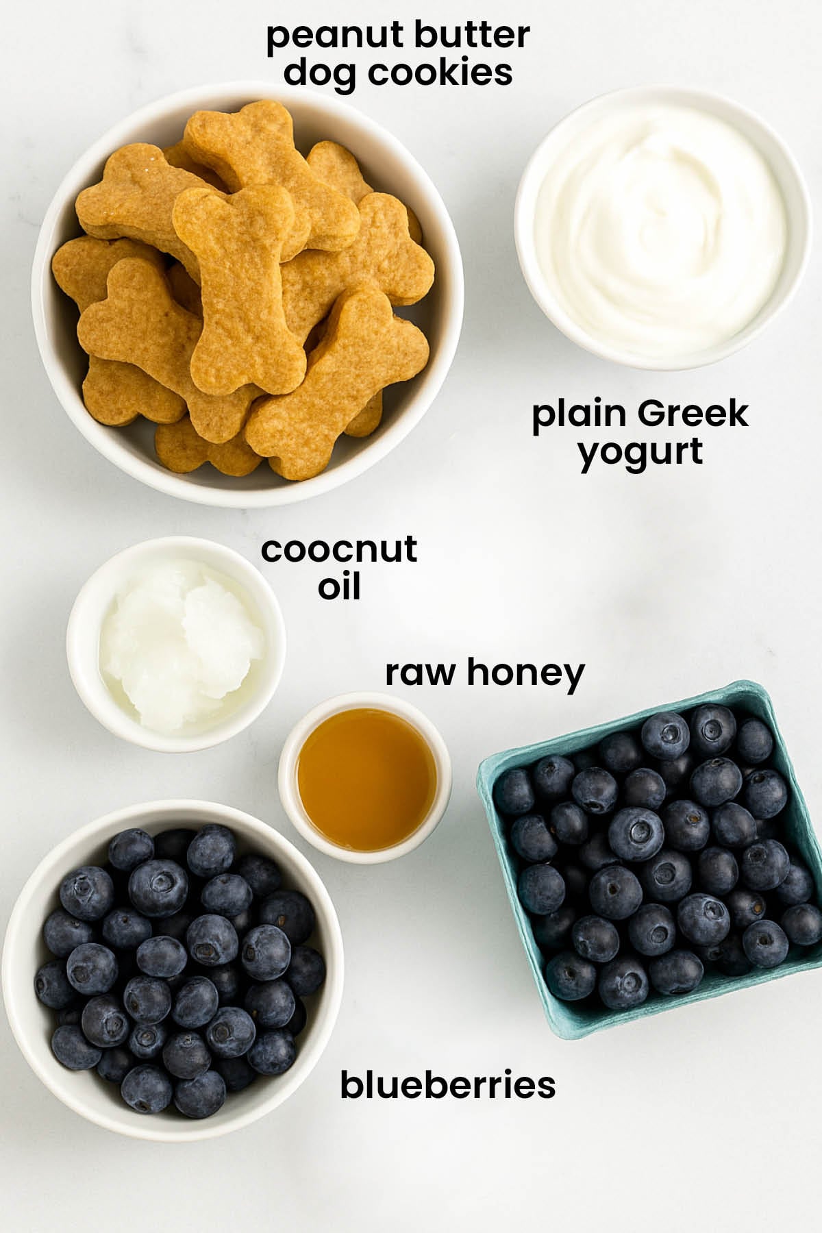 individual ingredients for mini blueberry cheesecakes for dogs laid out against a white background.
