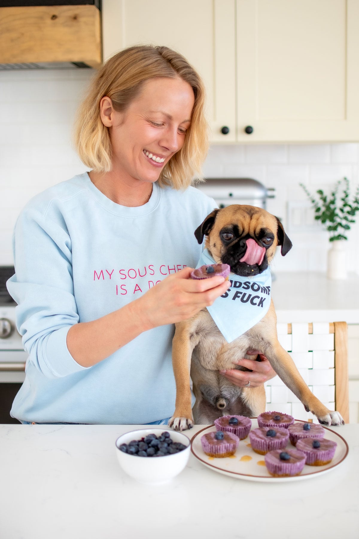 woman and pug in the kitchen, woman feeding pug blueberry cheesecake from a plate.