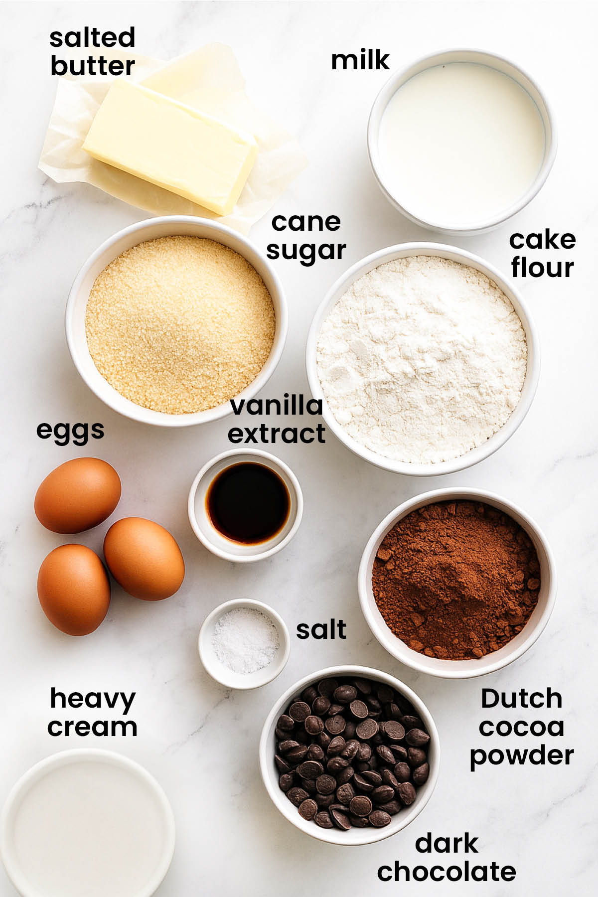 individual ingredients for chocolate pound cake with chocolate frosting laid out against a white background.