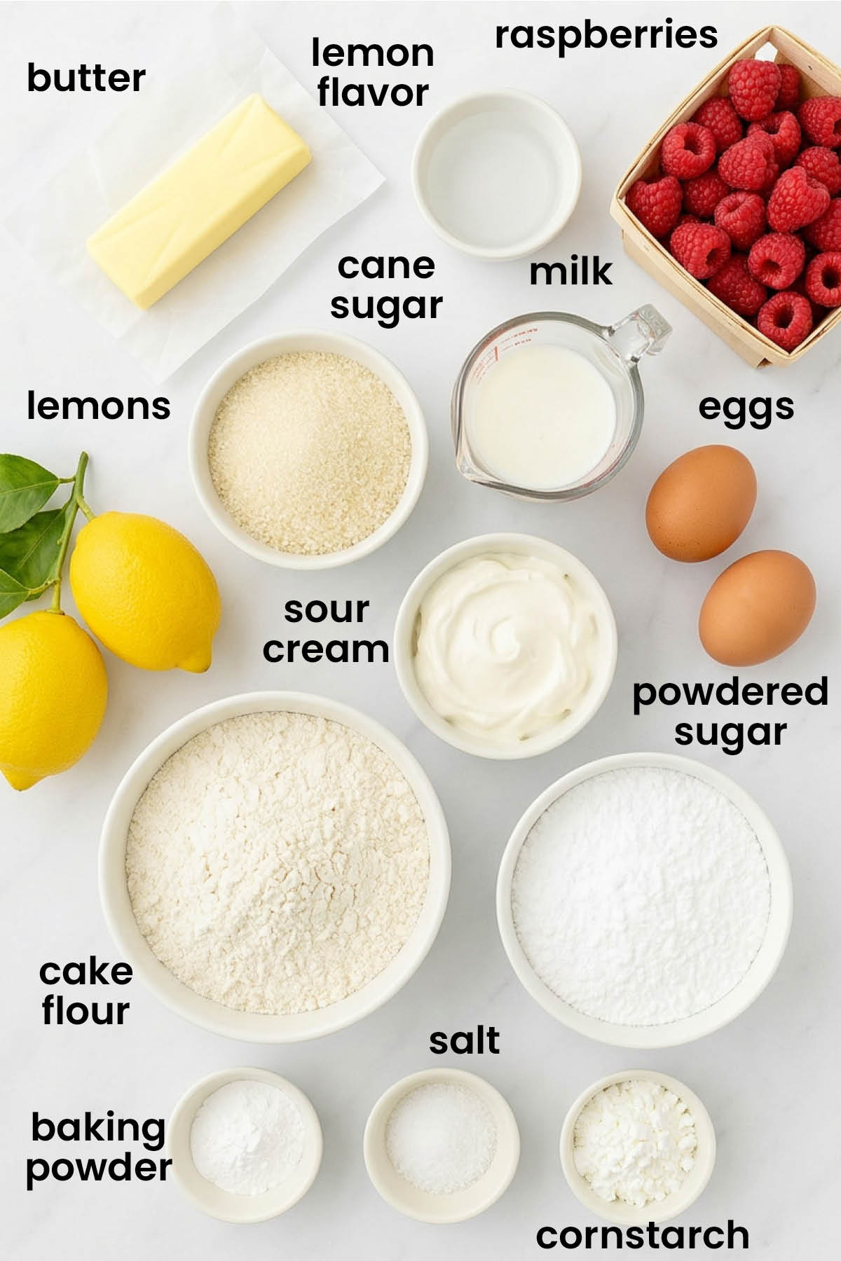 individual ingredients for raspberry lemon snack cake laid out against a white background.