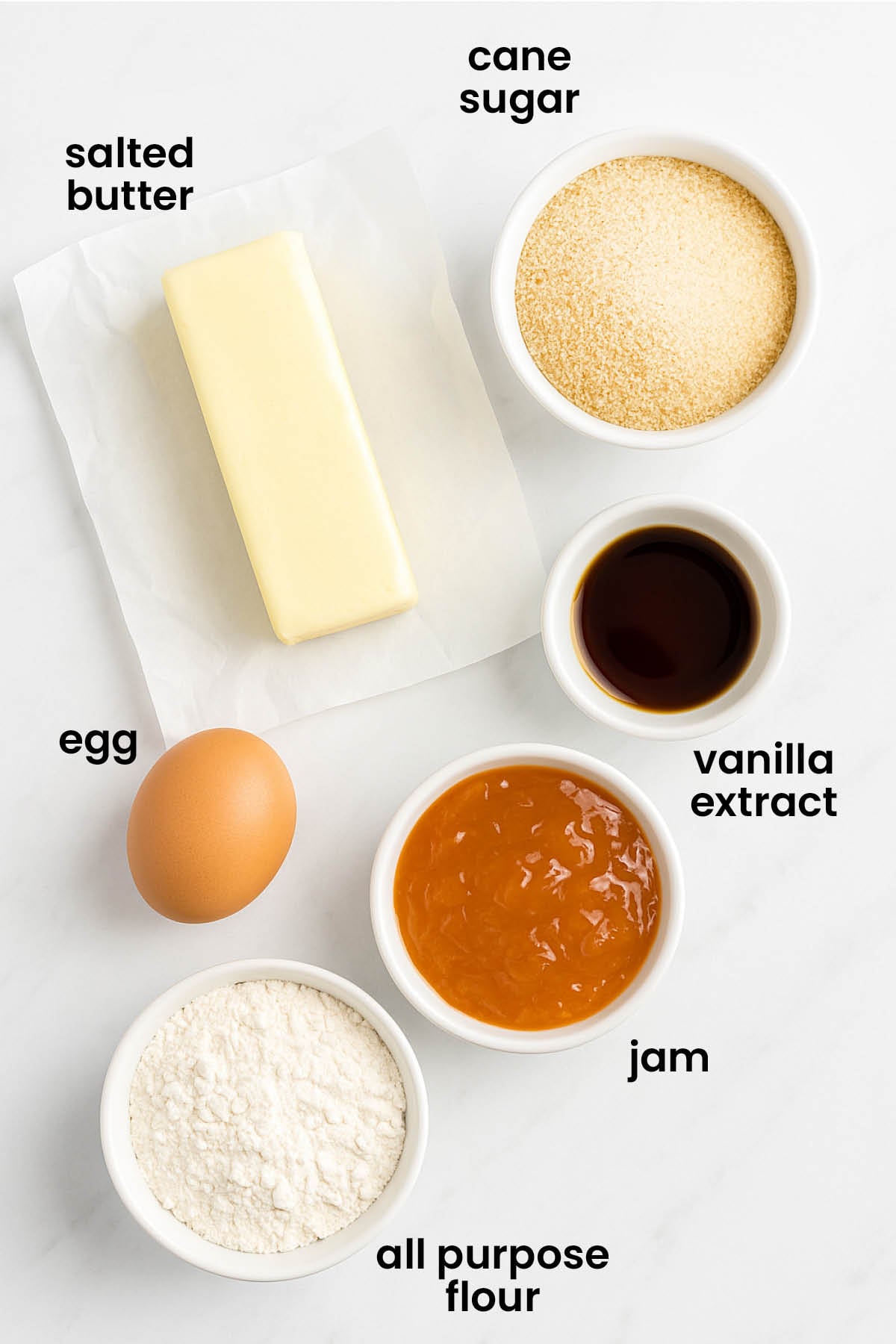 individual ingredients for the best jam thumbprint cookie recipe laid out against a white background.
