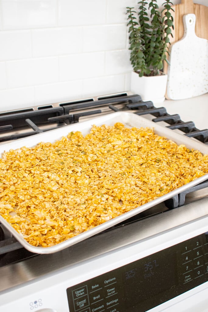 pumpkin granola for dogs spread onto a baking sheet sitting on the oven.
