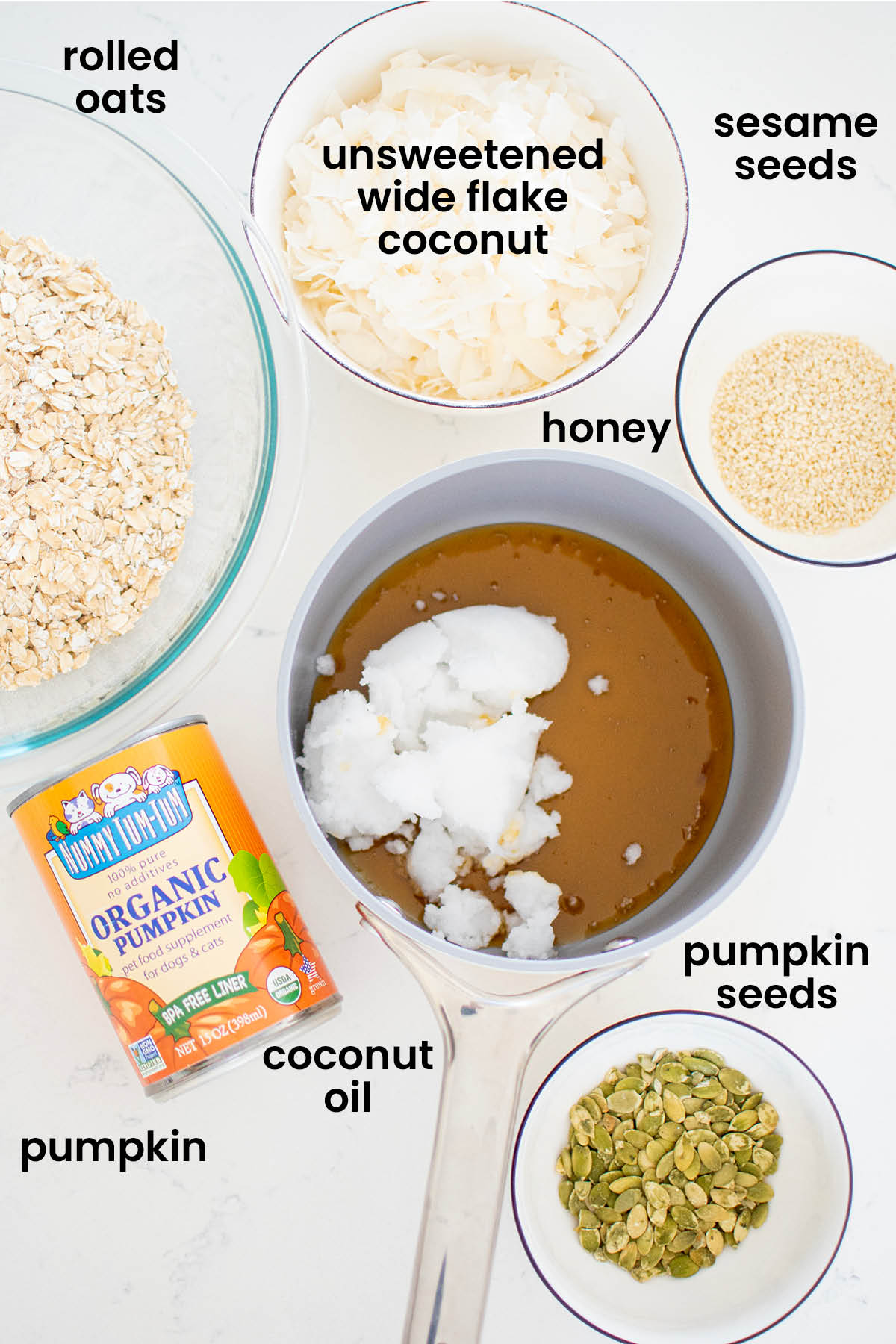 individual ingredients for pumpkin granola for dogs laid out against a white background.