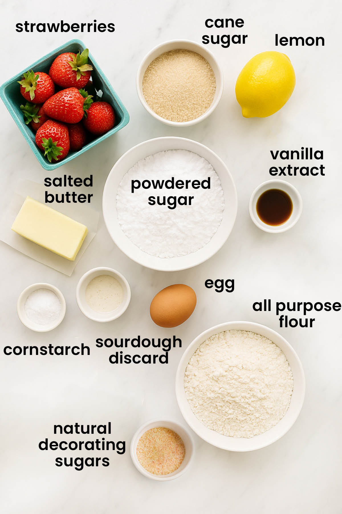 individual ingredients for sourdough strawberry pop tarts laid out against a white background.