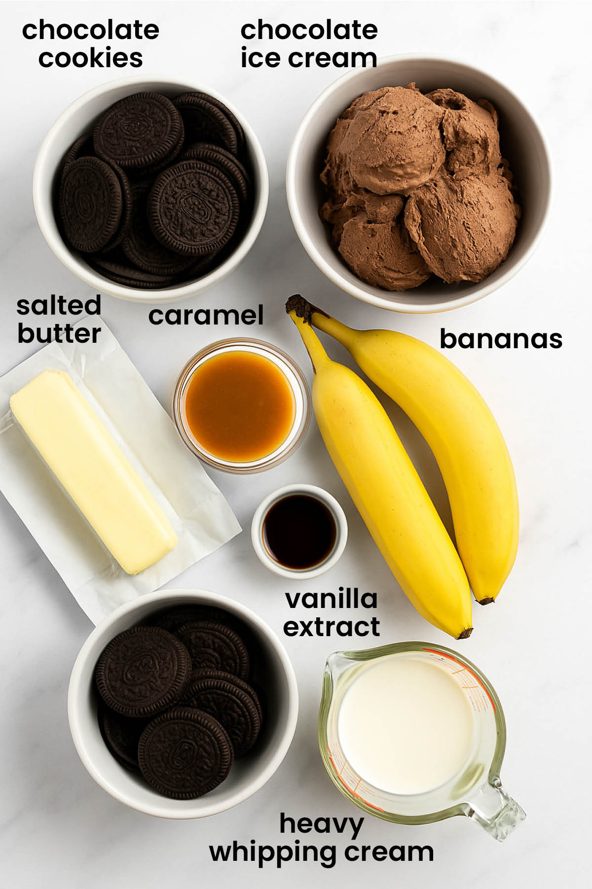individual ingredients for chocolate banana caramel ice cream pie laid out against a white background.