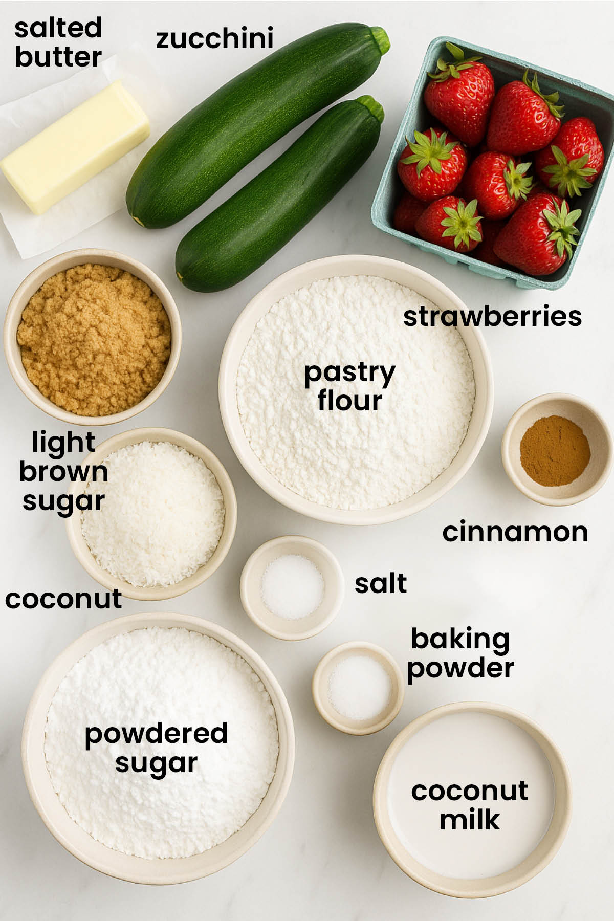 individual ingredients for eggless strawberry zucchini cake laid out against a white background.