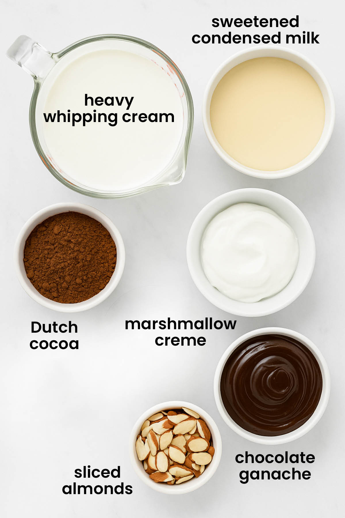 individual ingredients for organic rocky road ice cream laid out against a white background.