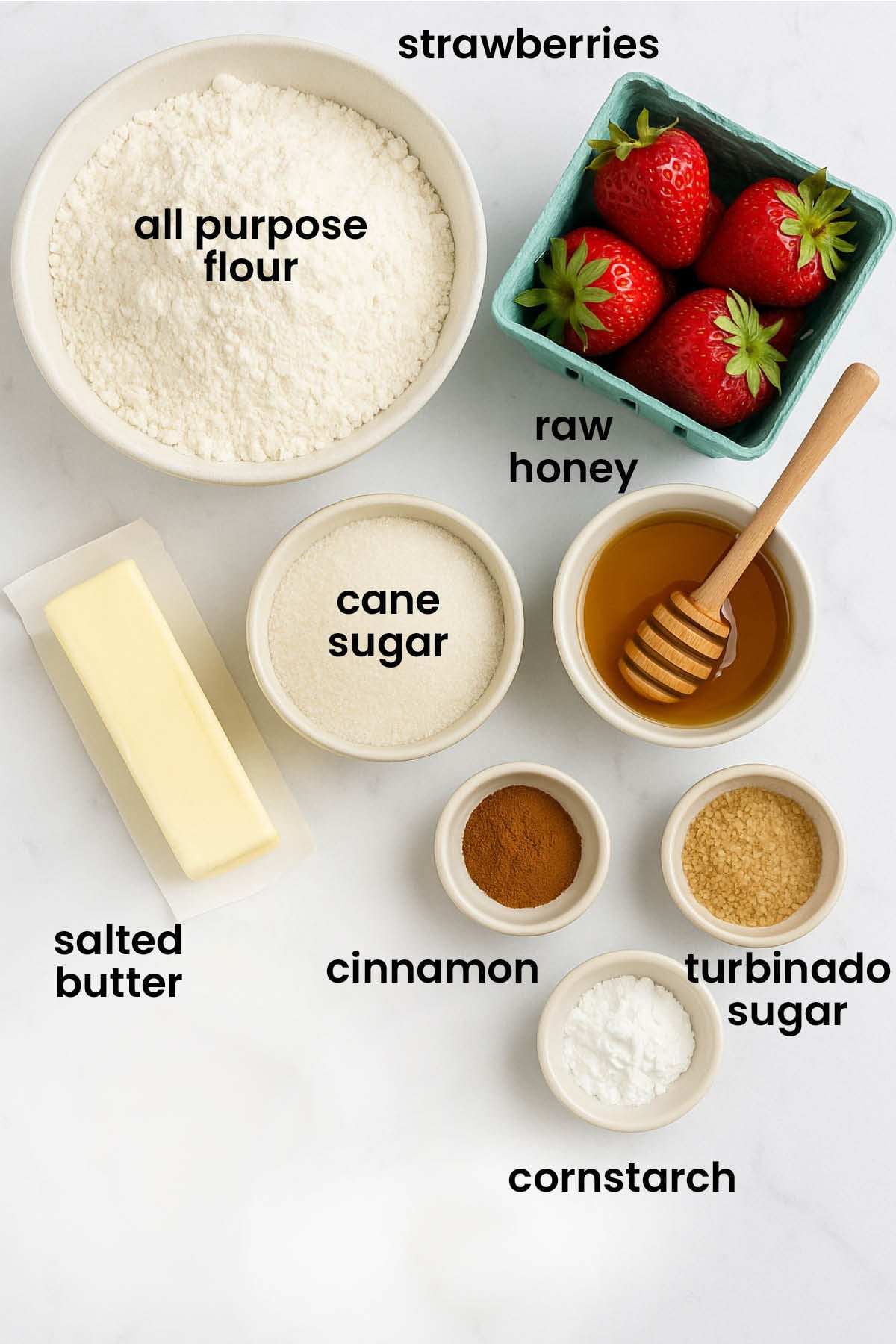 individual ingredients for eggless strawberry honey galette laid out against a white background.