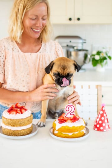 woman and pug at kitchen counter with two strawberry zucchini birthday cakes and a birthday hat.