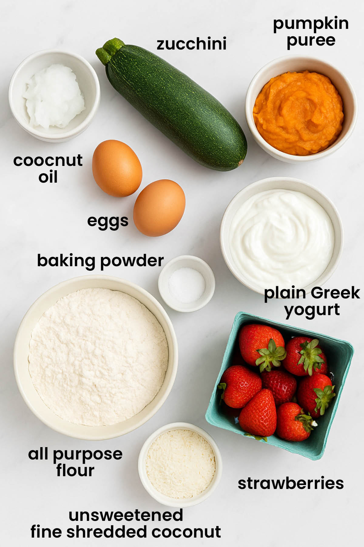 individual ingredients for strawberry zucchini cake for dogs laid out against a white background.